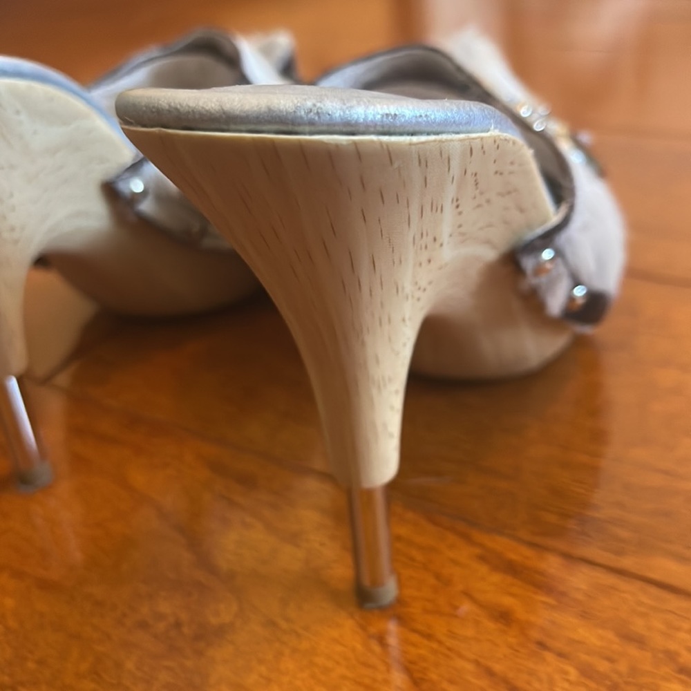 Italian sandals wood heels pomps 6 Cindy Says goat hair, unique decoration metal - Picture 5 of 12